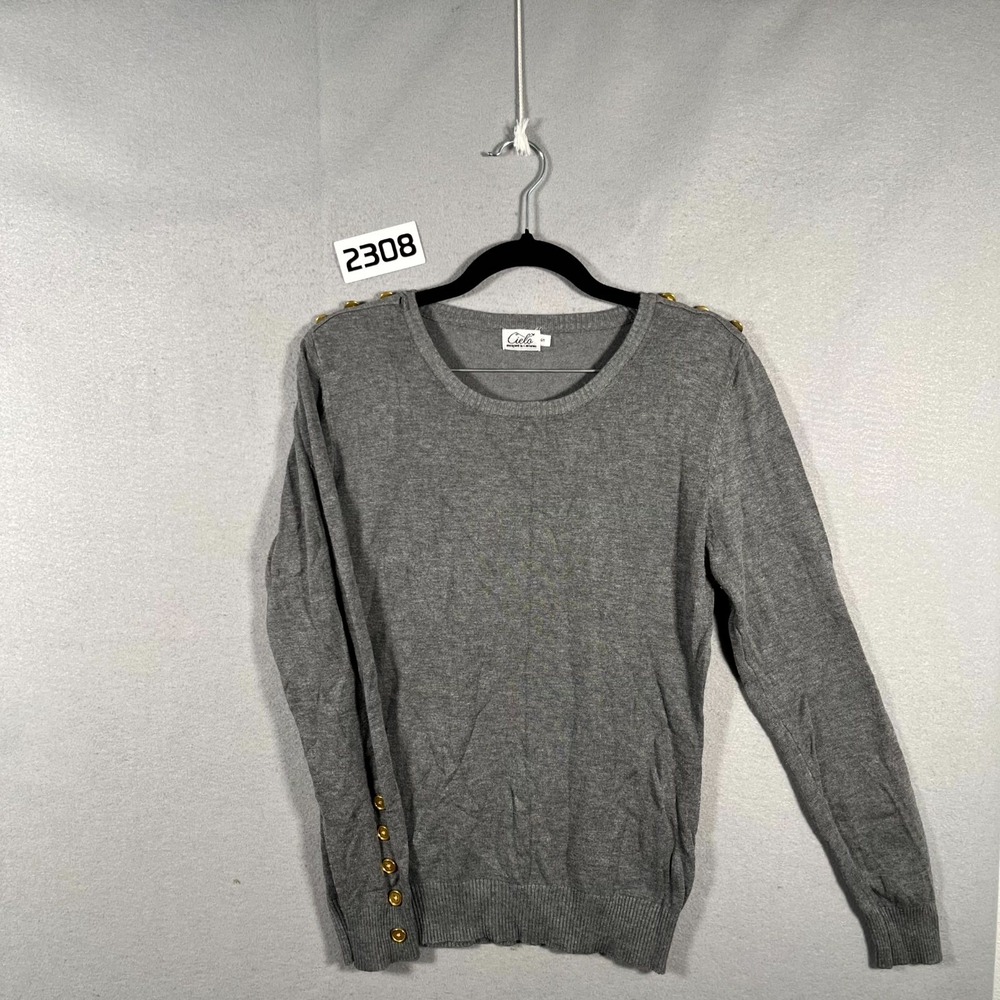 Cielo Sweater Womens Small Gray Gold Toned Buttons Shoulder & Cuff Crewneck